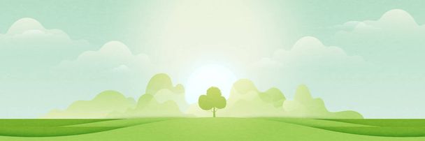 Landscape view of green meadows and mountains in sunny day.Flat panorama of spring summer beautiful nature forest scenic on horizon background.Vector illustration. - Vector, Image