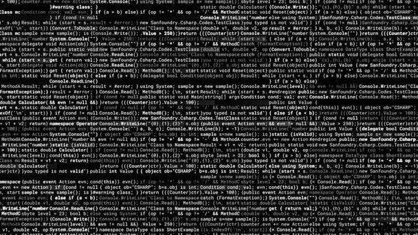 黒の背景に大きなプログラムテキスト。アニメーション。多くのエンコードと意味を持つ実際のプログラムテキスト。コンピュータシステムのプログラムコード。プロのプログラマーやハッカーの背景 - 写真・画像