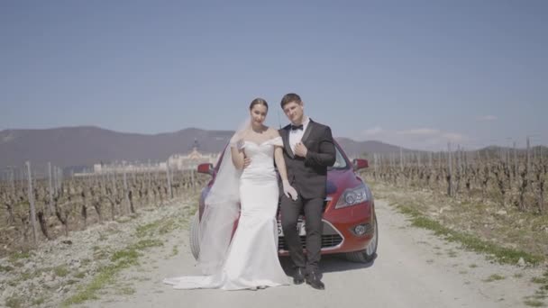 Beautiful newlyweds hug at car. Action. Stylish newlyweds in wedding dresses are standing and hugging in field. Newlyweds in outfits came to field for photo shoot - Footage, Video