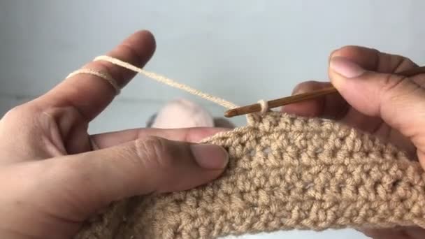 Женщина рука с помощью крючка и пряжи, для вязания работы - Кадры, видео