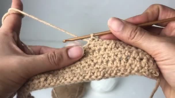 Женщина рука с помощью крючка и пряжи, для вязания работы - Кадры, видео