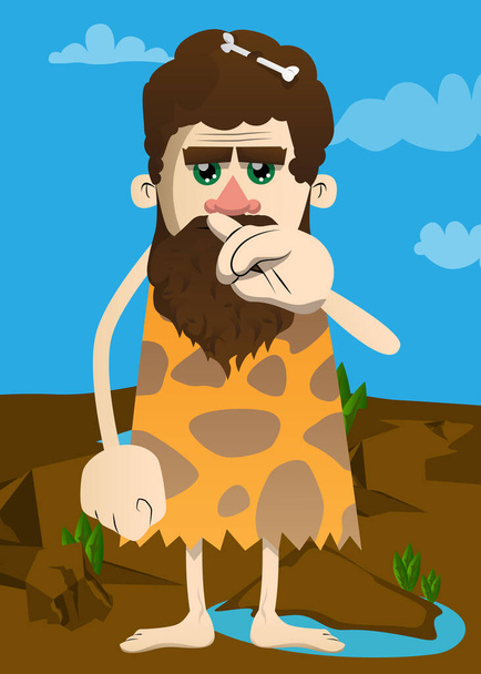 Cartoon prehistoric man with sympathy. Vector illustration of a man from the stone age with index finger at his nose. - Vector, Image