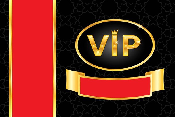 Vip φόντο με λαμπερό χρυσό κείμενο με στέμμα και λαμπερό διαμάντια, πλαίσιο, κόκκινη λωρίδα σε μαύρο αραβικό μοτίβο. Premium και πολυτελές banner ή πρόσκληση πρότυπο σχεδιασμού. Εικονογράφηση διανύσματος. - Διάνυσμα, εικόνα