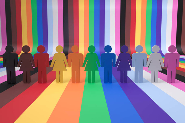 Spektakuläres Konzept von Menschen in den Farben der LGBTQ Gay Pride Flagge mit dem Wort LGBTQI. - Foto, Bild
