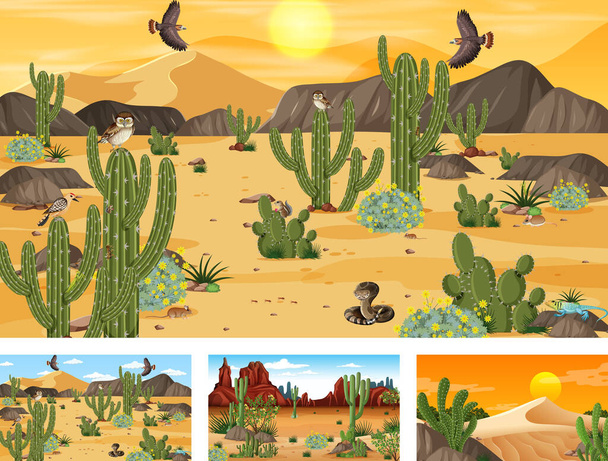 Diferentes escenas del bosque desértico con animales y plantas ilustración - Vector, imagen
