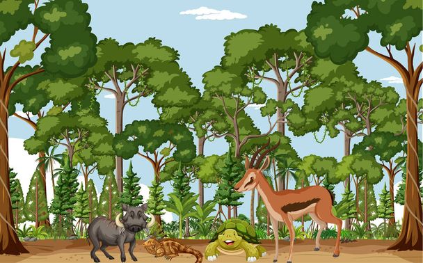様々な野生動物のイラストと熱帯雨林のシーン - ベクター画像