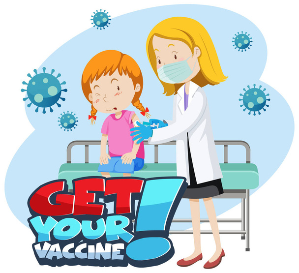 Get Your Vaccine font banner with a girl get covid-19 vaccine shot illustration - Vector, afbeelding