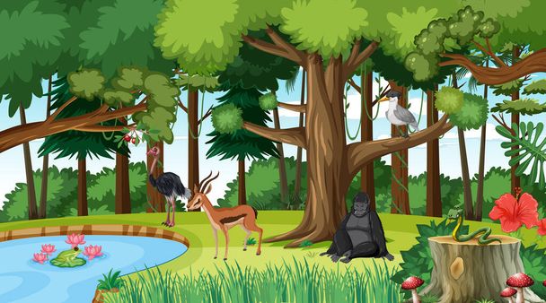 Escena del bosque con diferentes animales salvajes ilustración - Vector, Imagen