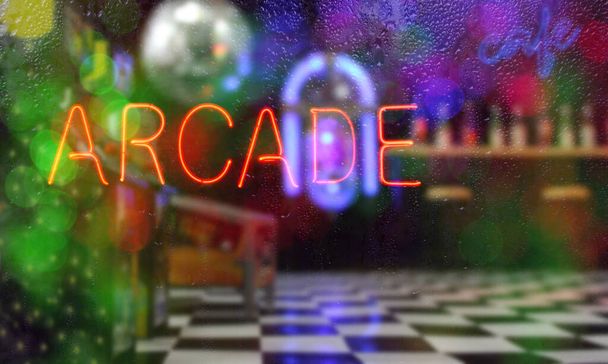 Neon Arcade Sign Composite Image with blurry Arcade in Background - Photo, Image