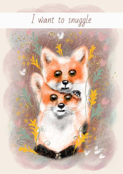 Cute colorful card in retro style. Beautiful fluffy foxes. On a soft orange background with small hearts and plants - Photo, Image