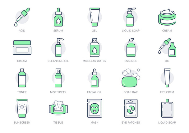 Cleanser cosmetic line icons. Vector illustration include icon - cream, collagen, mask, makeup lotion, serum, sunscreen outline pictogram for skincare product. Green color, Editable Stroke - Διάνυσμα, εικόνα