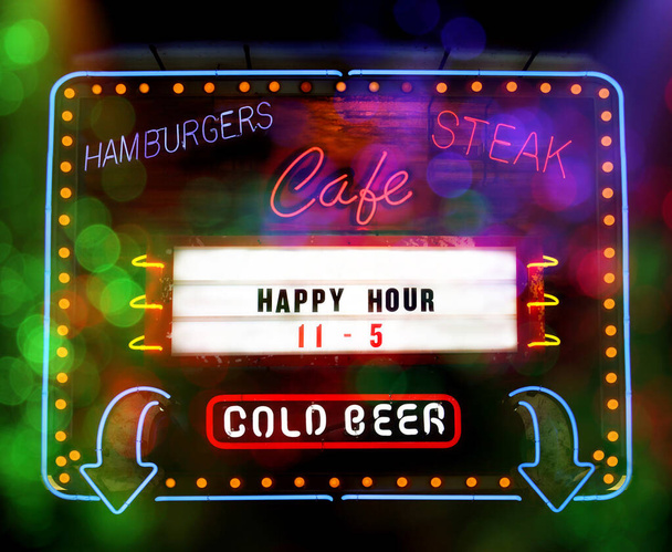 Fotomontáž, Neon Sign Happy Hour, Studené pivo a kavárna - Fotografie, Obrázek