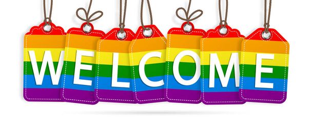 Benvenuto LGBT Rainbow Graphic Hanging Adesivi intestazione, appeso alle corde - Vettoriali, immagini