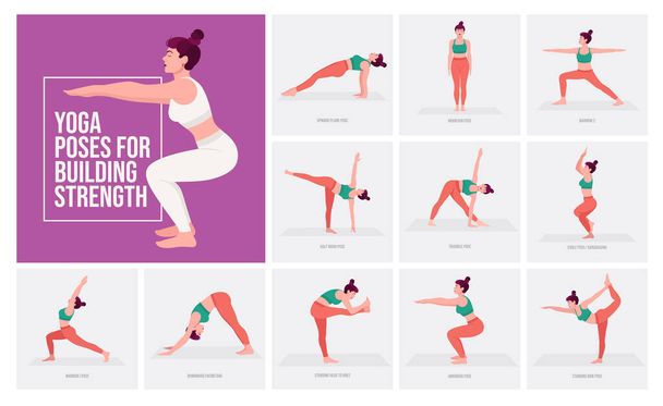 Yoga poses For Building Strength. Young woman practicing Yoga pose. Woman workout fitness, aerobic and exercises. - Vector, Image