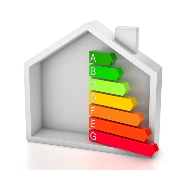 Háztartási energiahatékonysági besorolás. Ház és színes nyilak grafika. fehér háttérrel elszigetelve. 3d renderelés - Fotó, kép