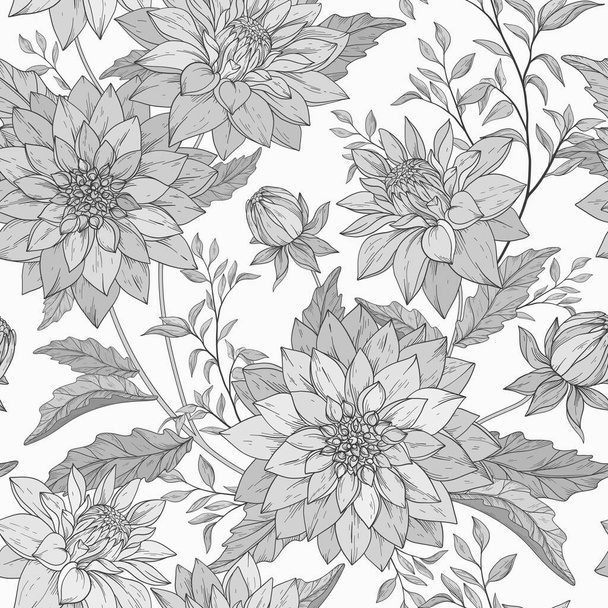 Seamless pattern with hand drawn monochrome gray chrysanthemums. - ベクター画像