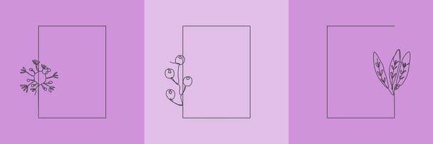 Set Hand getrokken bloemen Organisch gras, bladeren en bloemen met paarse rechthoek frame, decoratief blad element. Line art Vector Illustratie voor social media, bruiloft, uitnodiging, logo, cosmetica - Vector, afbeelding