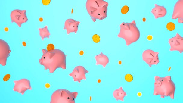 Sparschweine und Münzen im Flug, Schweben. Blauer Hintergrund. 3D-Darstellung - Foto, Bild