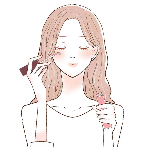 A woman who grows up by applying eyelash serum to her eyelashes. On a white background. - Vector, Image