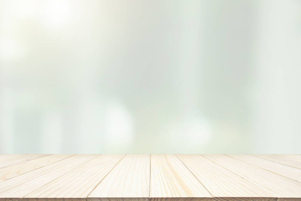 Empty wood table top with blur window curtain background for product display - Foto, immagini