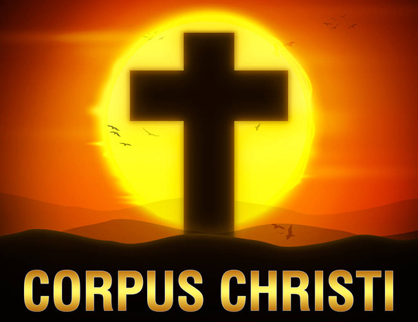 Az ünnep a Corpus Christi Esemény háttere Vallás Kereszt Szimbólum este. Naplemente háttér izzó jel - Fotó, kép