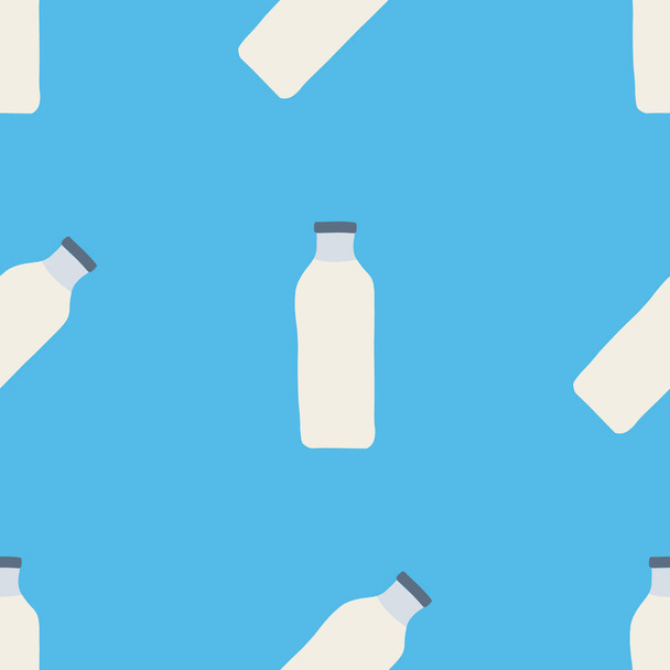 Бесшовный рисунок бутылок с молоком в стиле рисованных каракулей. векторная иллюстрация на синем фоне - Вектор,изображение