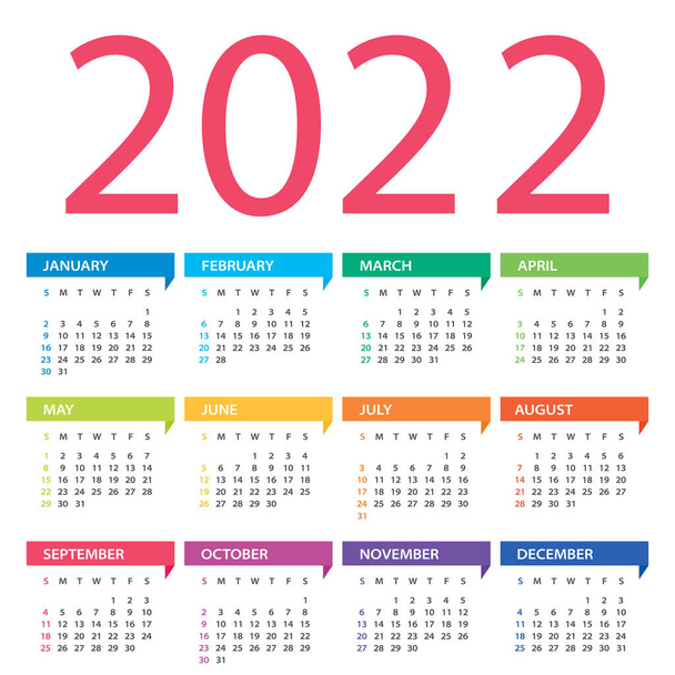 2022 calendar - vector Illustration. Week starts on Sunday - Vektör, Görsel