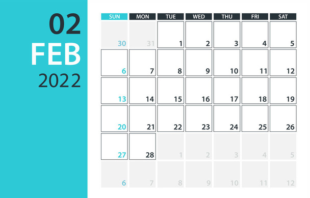 Luty 2022 Kalendarz Planer - Wektor. Wzór szablonu - Wektor, obraz