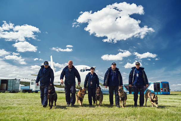 Офицеры безопасности с собаками, спускающимися по аэродрому - Фото, изображение
