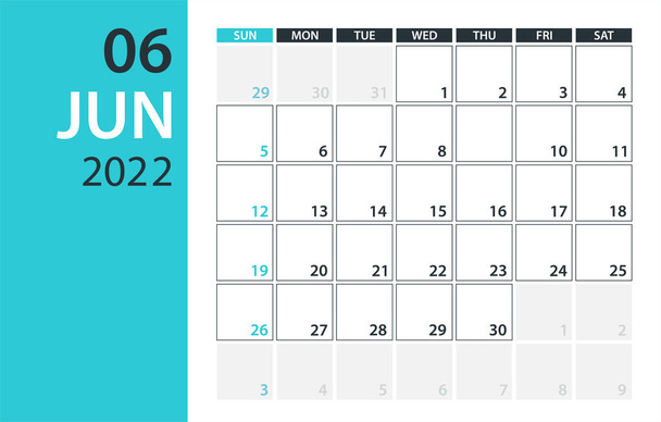 June 2022 Calendar Planner - Vector. Template Mock up - Vector, Image