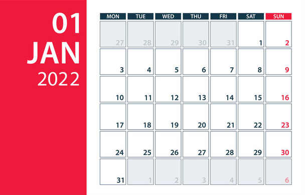 Gennaio 2022 Calendario Planner - Vettore. modello finto fino - Vettoriali, immagini