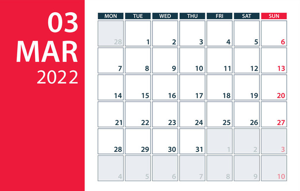 Marzo 2022 Calendario Planner - Vettore. modello finto fino - Vettoriali, immagini