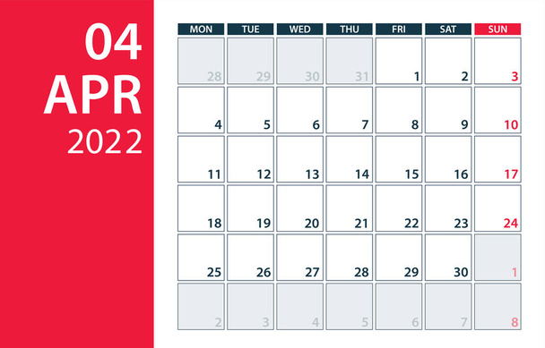 Abril 2022 Planificador de Calendario - Vector. Plantilla Mock up - Vector, imagen