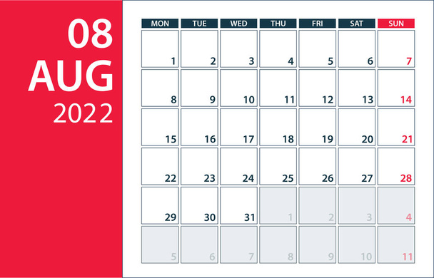 Sierpień 2022 Kalendarz Planer - Wektor. Wzór szablonu - Wektor, obraz