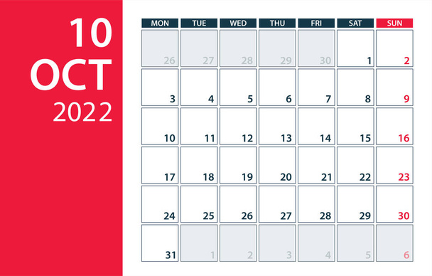 Οκτώβριος 2022 Ημερολόγιο Planner - Διάνυσμα. Πρότυπο mock up - Διάνυσμα, εικόνα