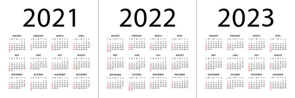 Ημερολόγιο 2021, 2022, 2023 έτος - εικονογράφηση φορέα. Η εβδομάδα αρχίζει την Κυριακή. Σύνολο ημερολογίου για 2021, 2022, 2023 χρόνια - Διάνυσμα, εικόνα