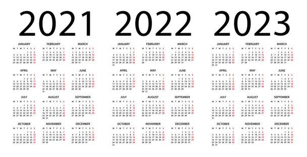 Календар 2021, 2022 рік, 2023 рік - векторна ілюстрація. Тиждень починається в понеділок. Календарний набір на 2021 рік, 2022 рік, 2023 роки
 - Вектор, зображення