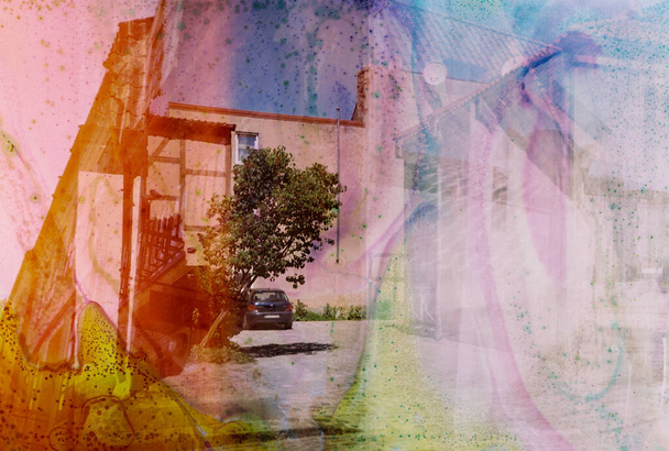 Vintage distressed blurry and grained photo. Damaged camera film. Mystical, psychedelic, nostalgic picture. Old house view. - Photo, Image