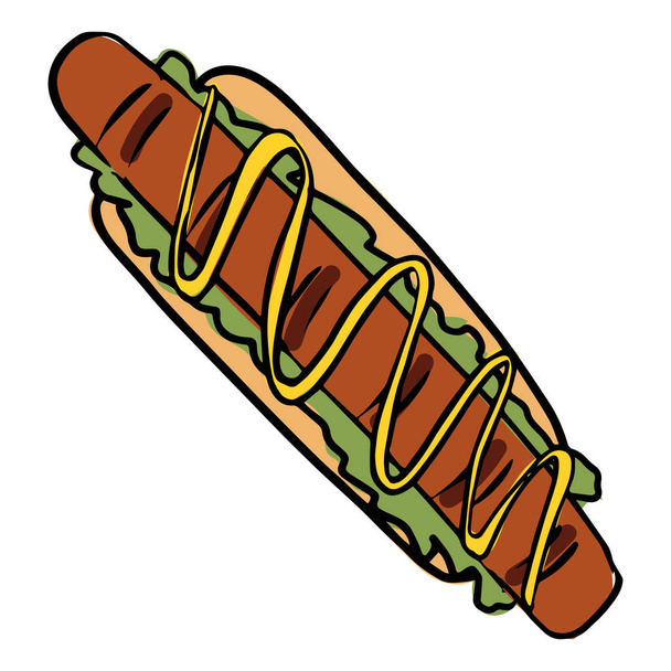 Käsin piirretty hotdog sinappi kuvitus värikäs. - Vektori, kuva