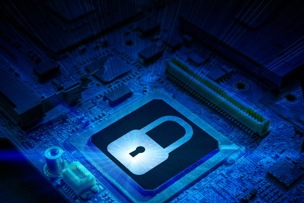 Data security. Digital computer processor chip on motherboard technology background. Network protect personal data and privacy from hacker cyberattack - Photo, Image