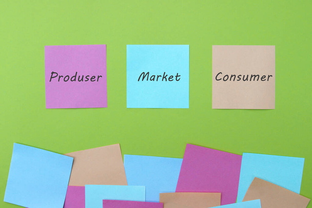 Produttore, mercato, consumatore, la frase è scritta su adesivi multicolori su sfondo verde chiaro. - Foto, immagini