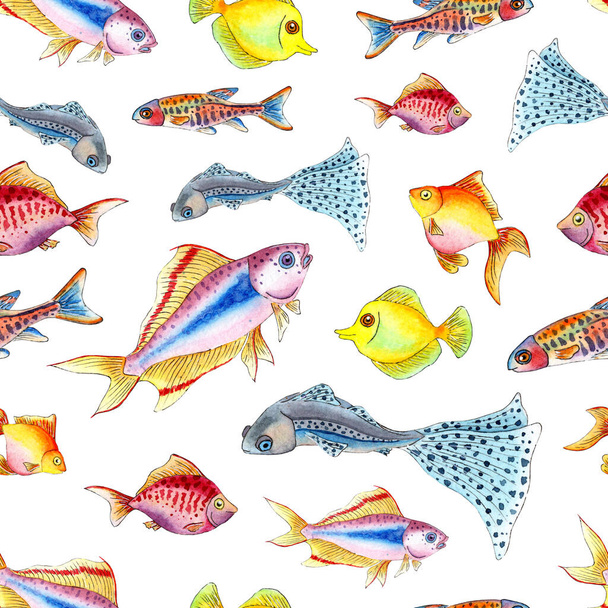 Watercolor illustration pattern small colorful aquarium fish. Seamless repeating marine life print. Isolated on white background. Drawn by hand. - Fotó, kép