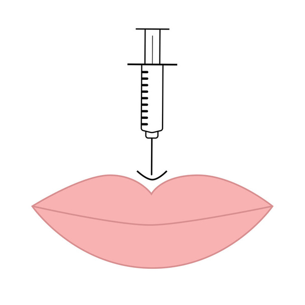 Icon lips and syringe. Concept of lip augmentation and shape correction. Injection of fillers, botox, hyaluronic acid. Vector illustration. - Vector, Image