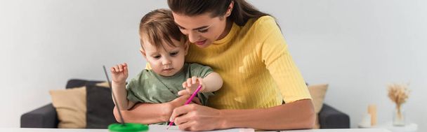 Mother and kid drawing at home, banner  - Foto, Imagem