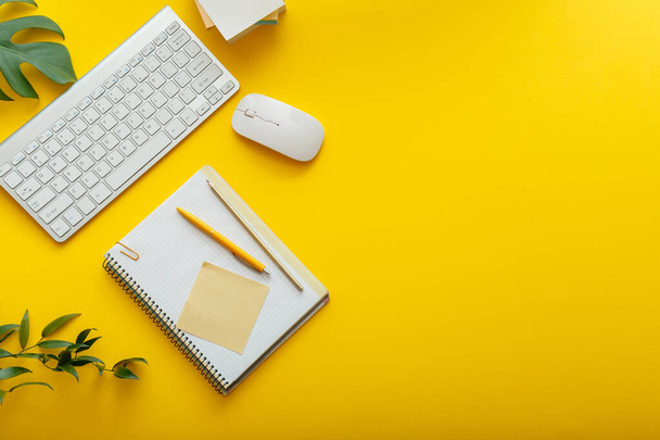 Office desk workspace on bright color yellow background. Office table Work space layout with computer keyboard, plant mouse notepad notes and copy space. Top view office table with palm plant. - 写真・画像