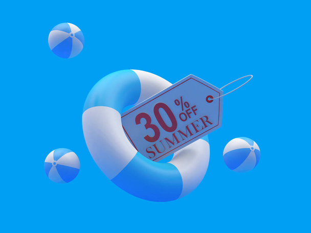 Lifebuoy with thirty percent summer discount label on blue. 3d illustration  - Photo, Image