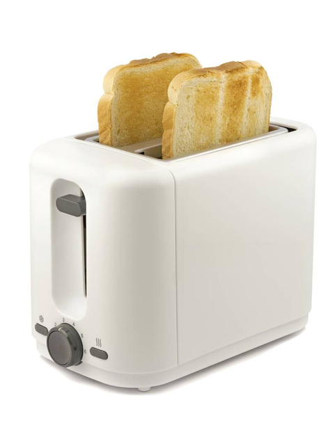 Beyaz arka planda izole edilmiş elektrikli tost makinesinde iki dilim altın rengi tost. - Fotoğraf, Görsel