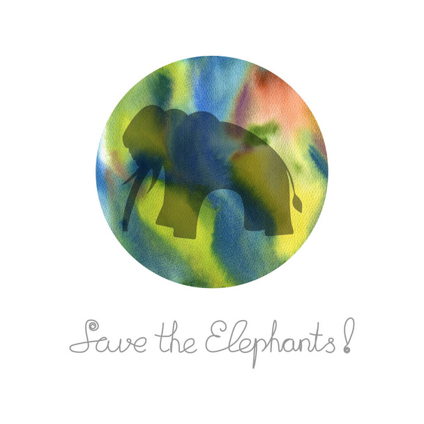 Падающий теневой слон на планете. Ручной рисунок кистью с акварельными красками. Всемирный день защиты слонов. Мы спасем жизнь слонов в их естественной среде обитания. - Фото, изображение