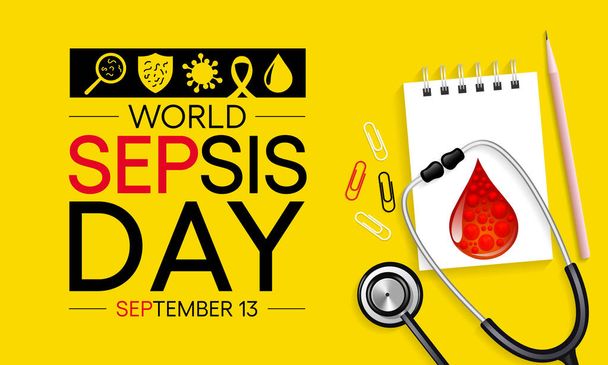 Día Mundial de la Sepsis se observa cada año el 13 de septiembre, sucede cuando una infección que ya tiene desencadena una reacción en cadena en todo el cuerpo. Ilustración vectorial - Vector, imagen