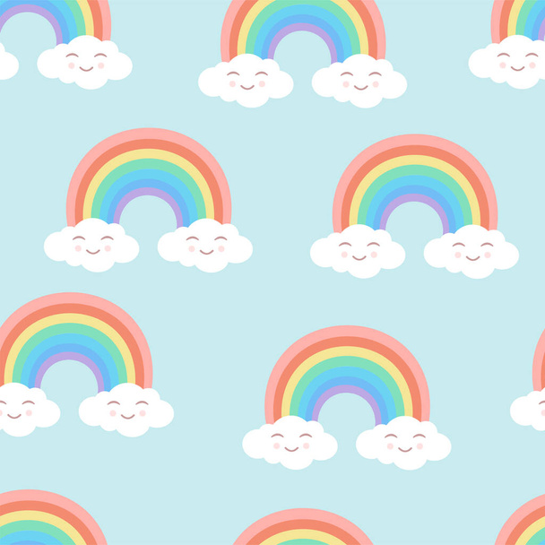 Seamless cartoon texture with rainbow and cute clouds on a blue background. Vector illustration for fabrics, textures, wallpapers, posters, stickers, postcards. Childish fun print. Editable elements - Vektor, Bild